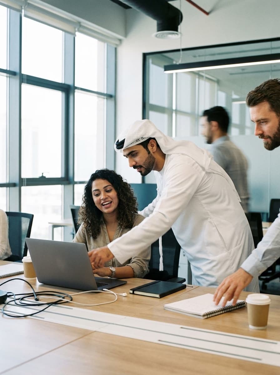 Colleagues collaborating around a laptop in the office — the Group's people living the founders' values